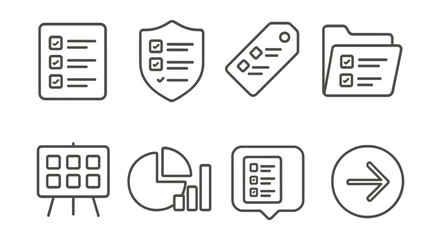 Line style icons of survey templates: pre-built template icon, ready-made form badge, quick setup tag, survey kit file, template library board, multiple formats chart, template preview bubble, start