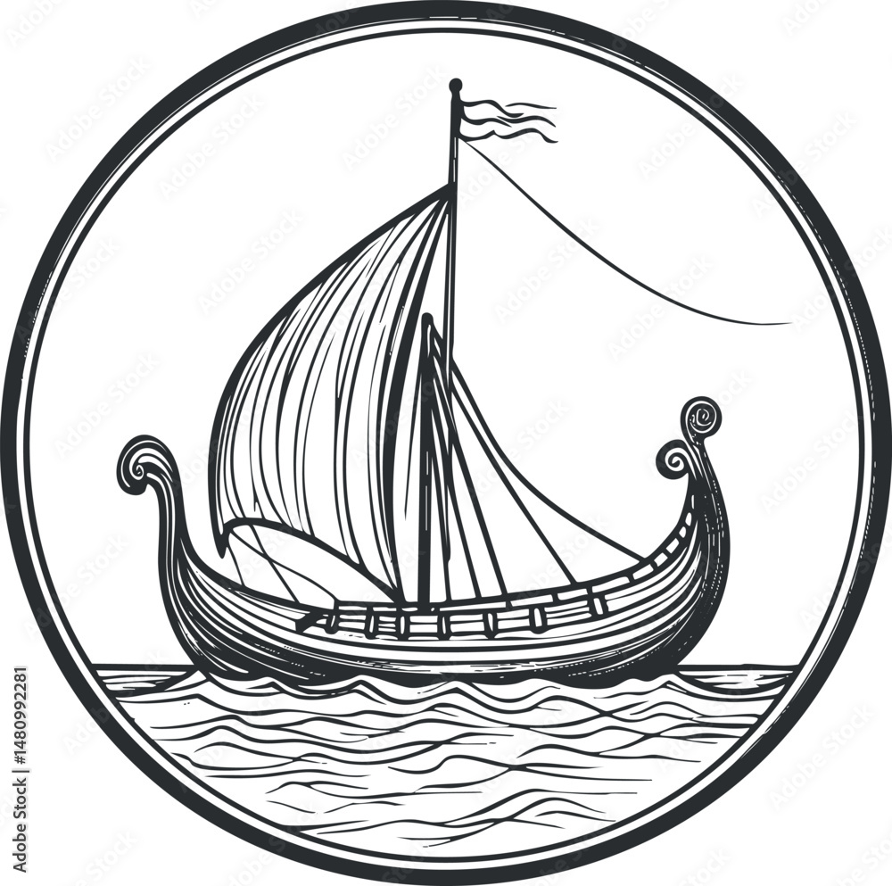 Poster black and white sketch of an ancient viking ship with sail and flag on the sea enclosed in a circula
