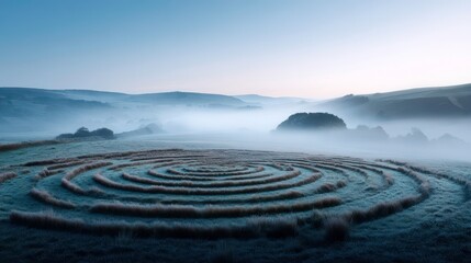 Misty Landscape with Field Spiral at Dawn. Environmental Art, Nature Background, Minimalist Design.