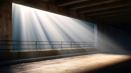 Light Rays Through Concrete Tunnel, Urban Architecture, Hope Concept. Sunlight Streaming.