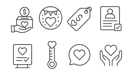 Line style icons of fundraising for causes: donation icon, charity event badge, funding campaign tag, volunteer signup file, support pledge board, fundraiser goal chart, charity action bubble, give