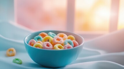 Bright Colorful Cereal Bowl with Fruity Rings in a Blue Bowl