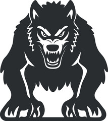 Black and white illustration of an angry fierce wolf snarling with sharp teeth and claws