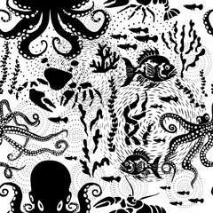 Seamless pattern sea inhabitants. hand drawing. Not AI,. Monochrome flat Vector illustration