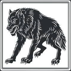 Black and white illustration of an angry wolf with sharp claws and teeth, showing fierce expression