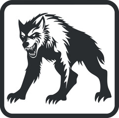 Black and white illustration of an angry snarling wolf with sharp fangs and claws