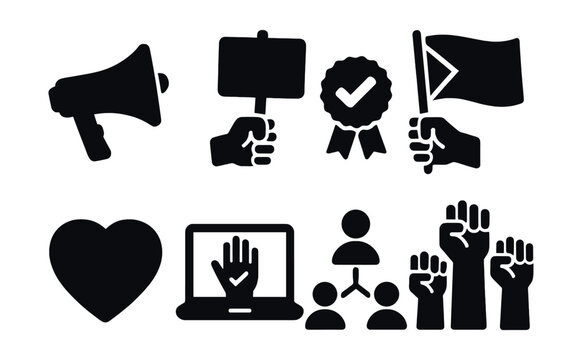 Solid style icons of youth activism: megaphone, protest sign, vote badge, diversity flag, earth heart, online petition, youth network, rally icon.
