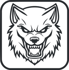 Fototapeta premium Black and white angry wolf head illustration with sharp teeth and fierce expression