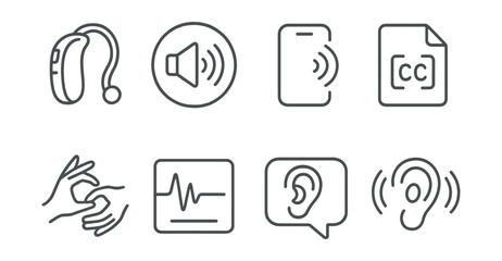 Line style icons of hearing accessibility: hearing aid icon, volume control badge, vibration alert tag, captioning file, sign language board, speech-to-text chart, assistive listening bubble, audio