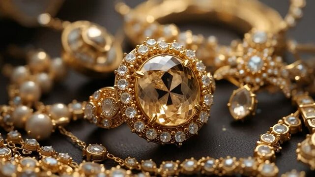 Close up of gold jewelry with diamonds and pearls
