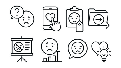 Line style icons of app-based emotion education: emotion FAQ icon, coping skill demo badge, feeling quiz tag, swipe to learn file, mood myths board, short explainer chart, explore feelings bubble,