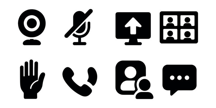 Solid style icons of video conferencing: webcam, mute mic, share screen, gallery view, raise hand, end call, waiting room, chat panel.