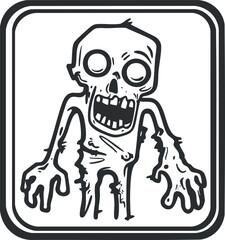 Black and white cartoon illustration of a scary zombie monster with large hands and hollow eyes