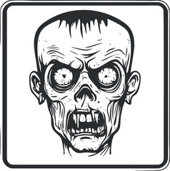 Illustration of a scary zombie face with fanged teeth and hollow eyes in black and white style