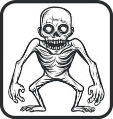 Black and white cartoon illustration of a creepy skeleton with an oversized skull and bony limbs in a spooky pose
