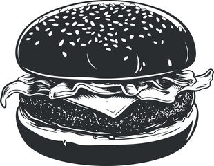 Black and white illustration of a classic hamburger with sesame bun, cheese, bacon, and beef patty