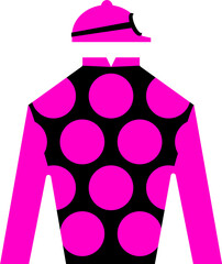 Black with pink circles jockey racing jersey garment with helmet and goggles.