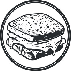 Black and white illustration of a grilled cheese sandwich with melted cheese between two slices of toasted bread
