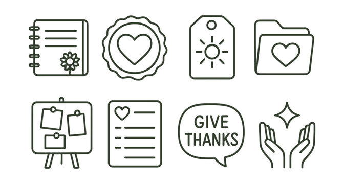 Line style icons of gratitude practices: gratitude journal icon, thankful heart badge, positive affirmation tag, thankful moments file, thank-you notes board, gratitude reminders chart, give thanks