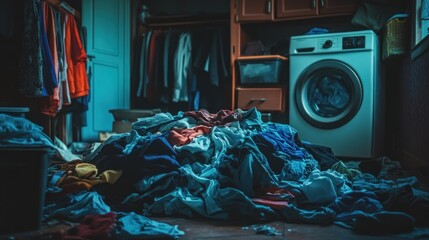 Clothes pile near washing machine and wardrobe