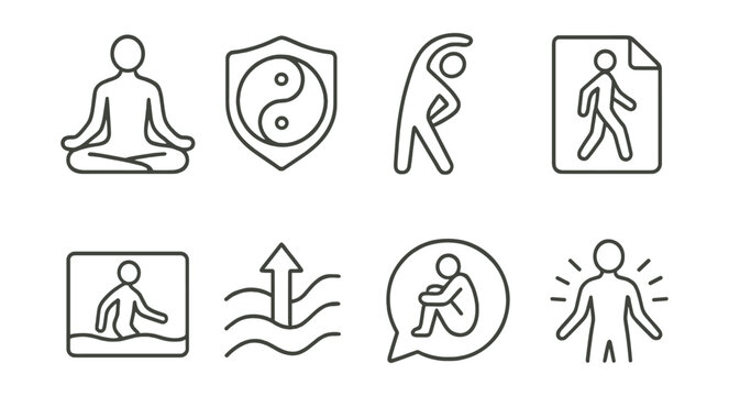 Line style icons of mindful movement: yoga pose icon, Tai Chi badge, gentle stretch tag, mindful walking file, body flow board, energy movement chart, motion for calm bubble, body awareness symbol.
