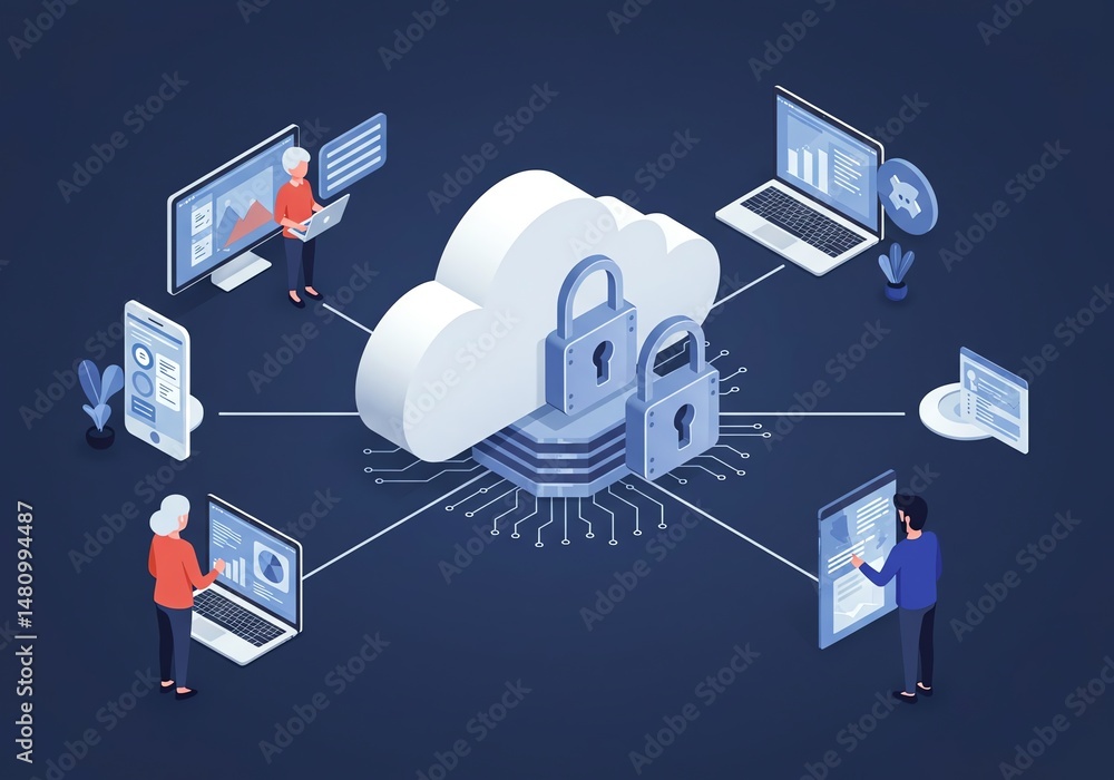 Poster cloud security concept with connected devices
