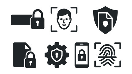 Solid style icons of personal data security: password pad, face unlock, fingerprint scan, data shield, encryption file, privacy settings, device lock, biometric icon.
