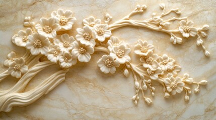 Creamy white flower bas relief carving on beige marble