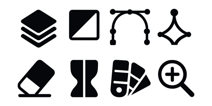 Solid style icons of digital art tools: layers icon, gradient tool, mesh tool, bezier curve, eraser tool, symmetry icon, swatch palette, zoom control.