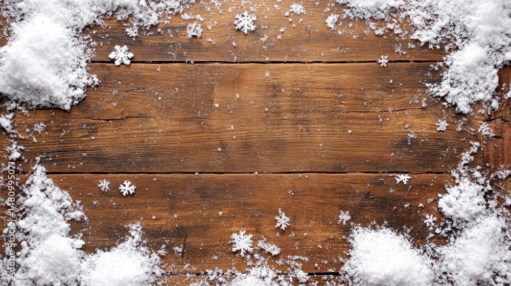 Poster rustic wooden background with snow and snowflakes forming a frame.