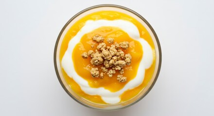 Overhead View of a Yellow Dessert with Creamy White Swirls and Granola on a White Background