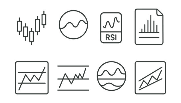 Line style icons of technical analysis: candlestick chart icon, moving average badge, RSI tag, volume spike file, breakout board, support and resistance chart, MACD indicator bubble, trend lines