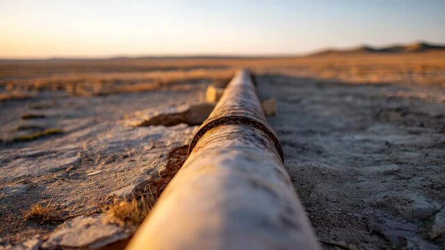 A long, rusty pipe stretches across a barren landscape at sunset, capturing the desolate beauty and the impact of industrialization on nature's canvas.