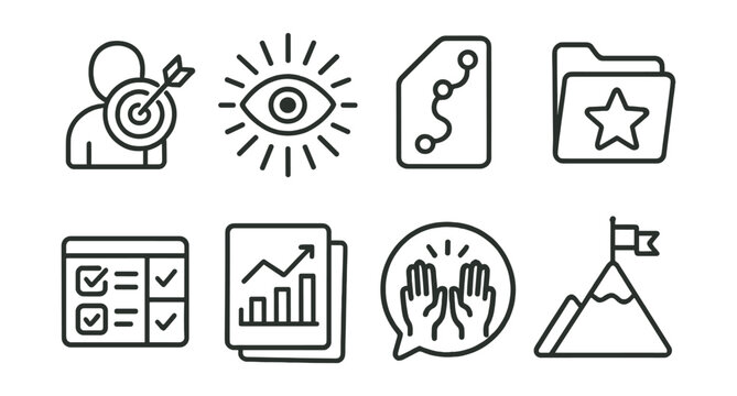 Line style icons of motivation for remote workers: personal goal icon, daily focus badge, milestone tracker tag, rewards system file, task completion board, progress report chart, virtual high-five