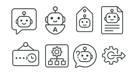 Line style icons of chat bots and automation: bot message icon, AI assistant badge, automatic reply tag, chatbot menu file, response delay board, automated task chart, FAQ bot bubble, service