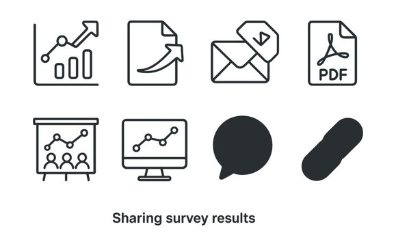 Line style icons of survey results sharing: share chart icon, export to file badge, email results tag, downloadable PDF file, team access board, public dashboard chart, view summary bubble, shareable