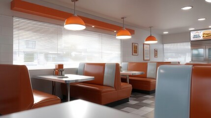 Fototapeta premium Retro Diner Interior with Booth Seating and Orange Lighting, Restaurant Design, American Style