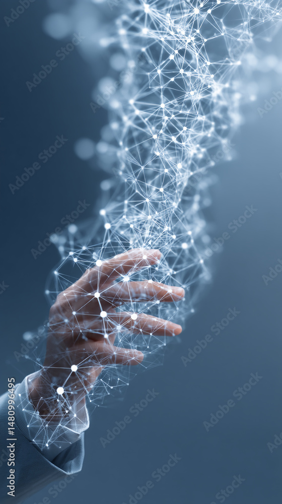 Poster hand interacting with digital network, glowing lines and nodes create abstract connection, symbolizi