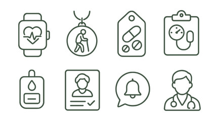 Line style icons of health monitoring for seniors: heart rate monitor icon, step tracker badge, daily medication tag, blood pressure file, glucose tracker board, wellness check chart, health reminder