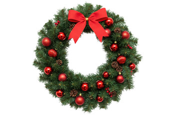 Christmas wreath with red bow and ornaments isolated on transparent background