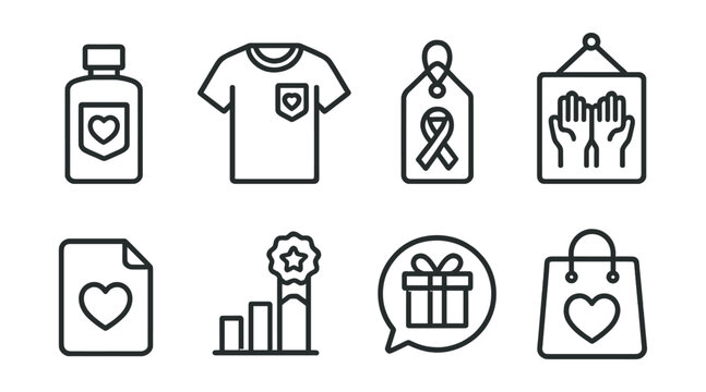 Line style icons of charity merchandise sales: branded product icon, charity t-shirt badge, awareness ribbon tag, cause-related accessory file, event memorabilia board, special edition chart,