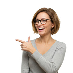 Smiling woman pointing to the side isolated on transparent backg