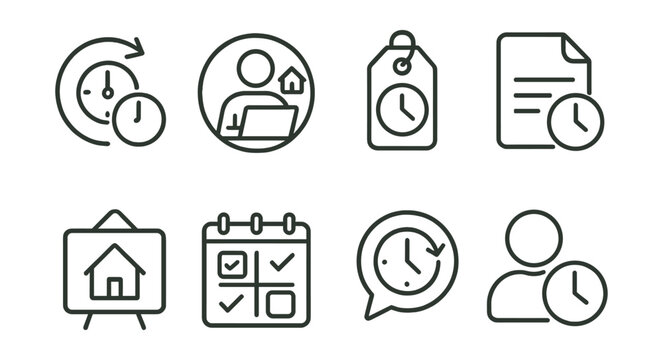 Line style icons of flexible work schedules: flexible hours icon, remote work badge, adjustable shift tag, set start time file, work from home board, alternative schedule chart, clock flexibility