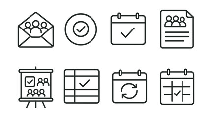 Line style icons of scheduling meetings: meeting invite icon, RSVP badge, calendar event tag, meeting agenda file, meeting setup board, time slot chart, calendar sync bubble, organized schedule