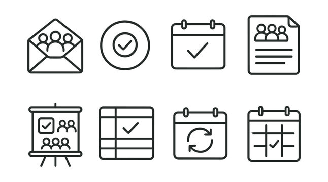 Line style icons of scheduling meetings: meeting invite icon, RSVP badge, calendar event tag, meeting agenda file, meeting setup board, time slot chart, calendar sync bubble, organized schedule