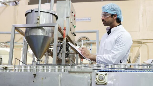Large factory production line supervisor checks the production quality and oversees the operation of the conveyor belt conveying canned mackerel to the canning sauce filling point efficiently.