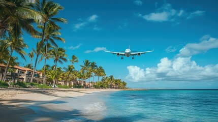 Naklejka premium Airplane Landing Over Tropical Beach Paradise