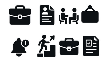 Solid style icons of career and job search: briefcase, resume, interview, vacancy, job alert, career ladder, portfolio, offer letter.