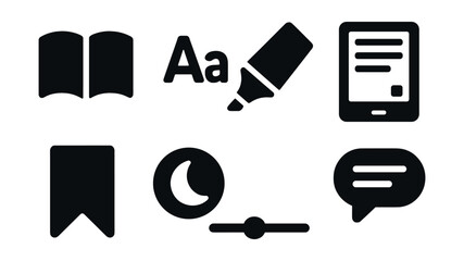 Solid style icons of e-book reading: book icon, font settings, highlight tool, e-reader, bookmark tab, dark mode, progress bar, annotation bubble.
