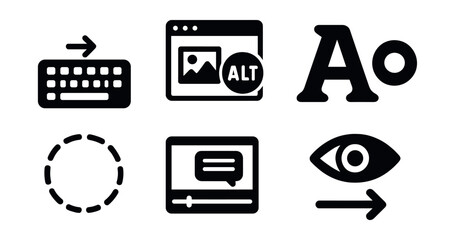 Solid style icons of inclusive web design: keyboard nav, alt text, readable font, high contrast, focus ring, caption icon, ARIA tag, skip link.